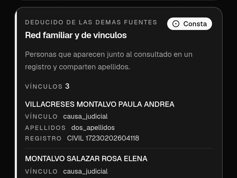 El mapa de vínculos. La persona en el centro y las empresas, vehículos y cargos colgando de ella